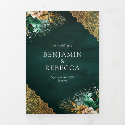 Smaragd Bloemen Goud Kant QR code Crème Bruiloft Drieluik Uitnodiging (Cover)