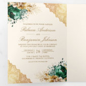 Smaragd Bloemen Goud Kant QR code Crème Bruiloft Drieluik Uitnodiging (Binnenzijde eerst)