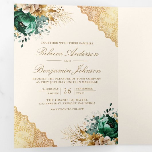 Smaragd Bloemen Goud Kant QR code Crème Bruiloft Drieluik Uitnodiging (Binnenzijde eerst)