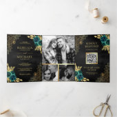 Smaragd Bloemen Goud Kant QR Code Zwart Bruiloft Drieluik Uitnodiging (Binnen)