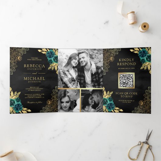 Smaragd Bloemen Goud Kant QR Code Zwart Bruiloft Drieluik Uitnodiging (Binnen)