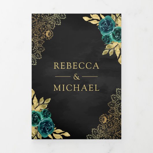 Smaragd Bloemen Goud Kant QR Code Zwart Bruiloft Drieluik Uitnodiging (Cover)