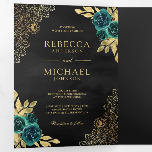 Smaragd Bloemen Goud Kant QR Code Zwart Bruiloft Drieluik Uitnodiging (Binnenzijde eerst)