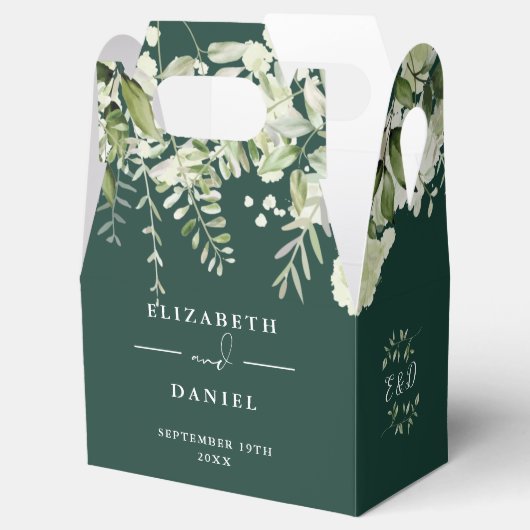 Smaragd Bloemen Groen Monogram Bruiloft Bedankdoosjes (Geopend)