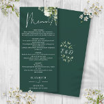 Smaragd Bloemen Groen Monogram Bruiloft Diner Menu<br><div class="desc">Deze elegante smaragdgroene bloemblaadjes bruiloft menu kan worden gepersonaliseerd met uw informatie in chique typografie met uw monogram initialen op de achterkant. Ontworpen door Thisnotme©</div>