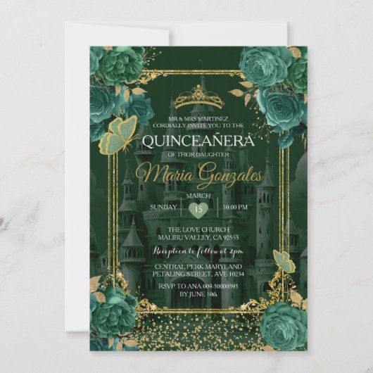 Smaragd Bloemen Groene Quinceañera Vlinder Kaart (Voorkant)