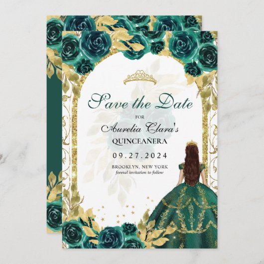 Smaragd Bloemen Prinses Gouden Boog Quinceanera Aankondiging (Voorkant / Achterkant)
