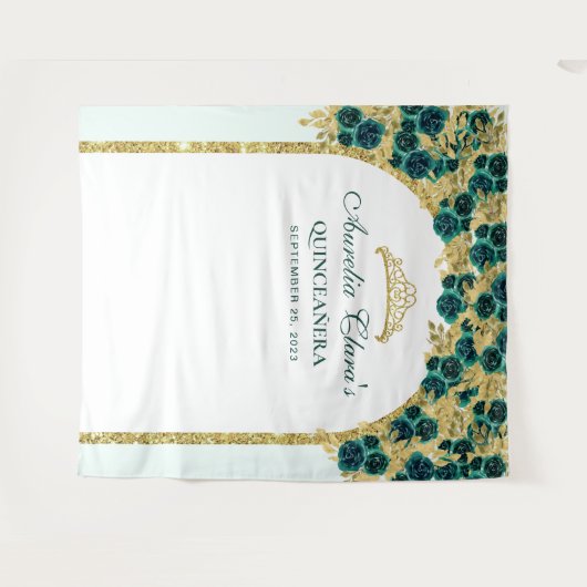 Smaragd Bloemen Prinses Gouden Boog Quinceanera Wandkleed (Voorkant (horizontaal))