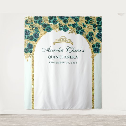 Smaragd Bloemen Prinses Gouden Boog Quinceanera Wandkleed (Voorkant)