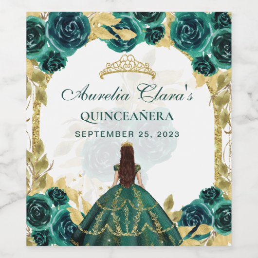Smaragd Bloemen Prinses Gouden Boog Quinceanera Wijn Etiket (Enkel label)