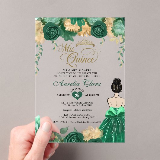 Smaragd Bloemen Prinses Mis Quince Quinceañera Acryl Uitnodigingen (Insitu (Draagbaar))