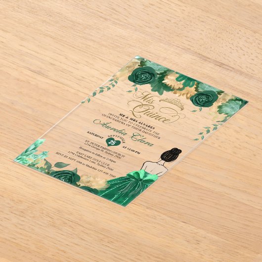 Smaragd Bloemen Prinses Mis Quince Quinceañera Acryl Uitnodigingen (Laagn)