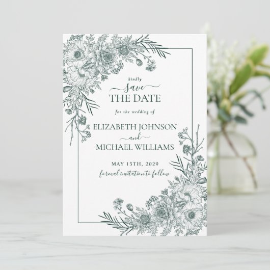 Smaragd BloemenlijnArt Foto Opslaan van de Datum Kaart (Staand voorkant)