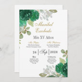 Smaragd bloemenquinceanera uitnodiging (Voorkant / Achterkant)