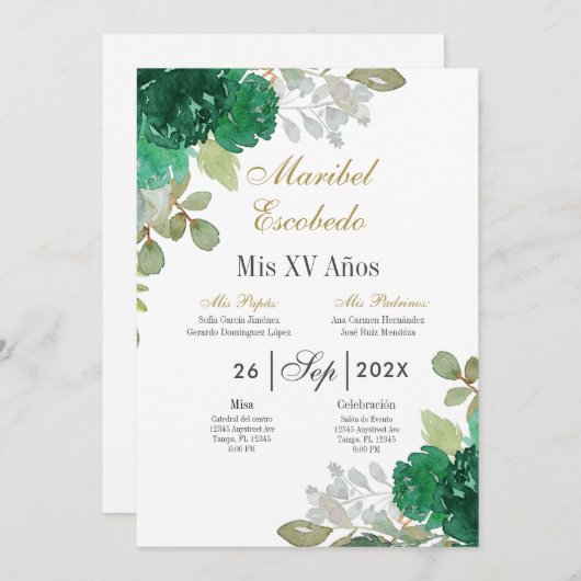 Smaragd bloemenquinceanera uitnodiging (Voorkant / Achterkant)