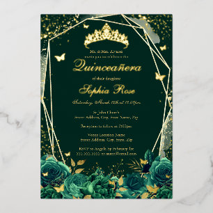 Smaragd Bloemenvlinder Tiara Quinceanera Folie Uitnodiging