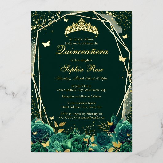 Smaragd Bloemenvlinder Tiara Quinceanera Folie Uitnodiging (Voorkant)