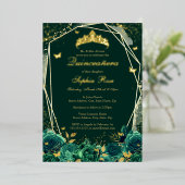 Smaragd Bloemenvlinder Tiara Quinceanera Folie Uitnodiging (Staand Voorkant)
