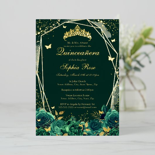 Smaragd Bloemenvlinder Tiara Quinceanera Folie Uitnodiging (Staand Voorkant)