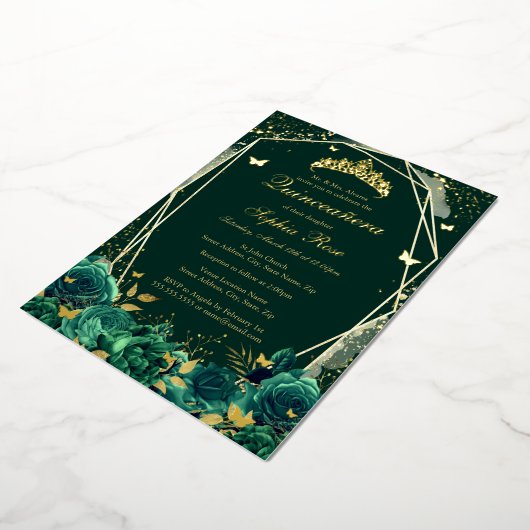 Smaragd Bloemenvlinder Tiara Quinceanera Folie Uitnodiging (Gedraaid)