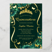 Smaragd Bloemenvlinder Tiara Quinceanera Folie Uitnodiging (Voorkant)