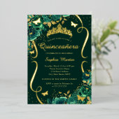 Smaragd Bloemenvlinder Tiara Quinceanera Folie Uitnodiging (Staand Voorkant)