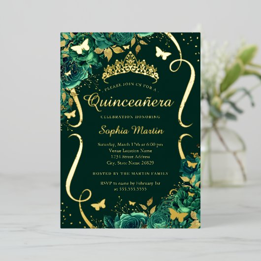 Smaragd Bloemenvlinder Tiara Quinceanera Folie Uitnodiging (Staand Voorkant)