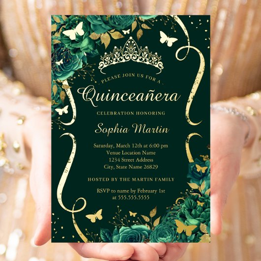 Smaragd Bloemenvlinder Tiara Quinceanera Folie Uitnodiging
