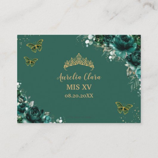 Smaragd Bloemenvlinders Quinceañera Receptie Informatiekaartje (Achterkant)