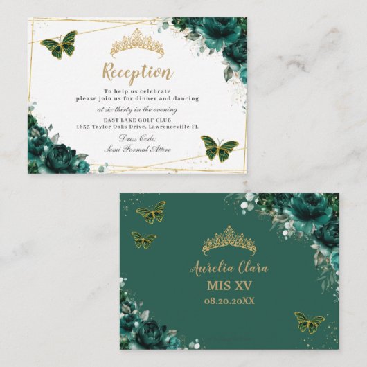 Smaragd Bloemenvlinders Quinceañera Receptie Informatiekaartje (Voorkant / Achterkant)