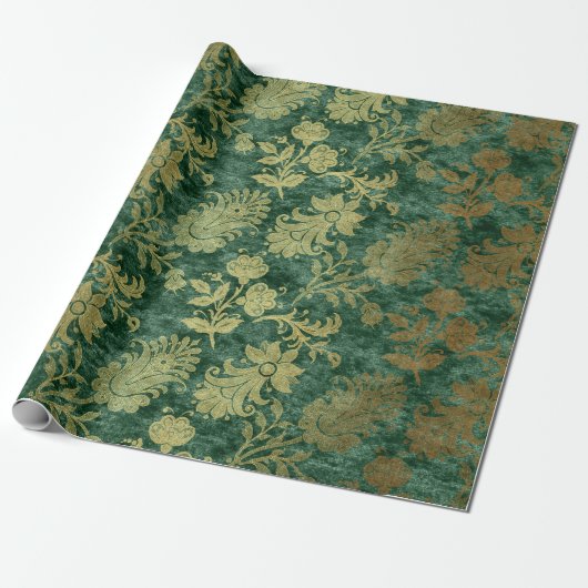 Smaragd Bloemig Fluwelen Damast Cadeaupapier (Uitgerold)