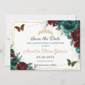 Smaragd Bourgondië Bloemen Quinceañera Zoet Zestie Save The Date (Voorkant)