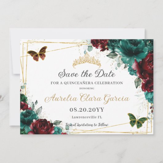 Smaragd Bourgondië Bloemen Quinceañera Zoet Zestie Save The Date (Voorkant)
