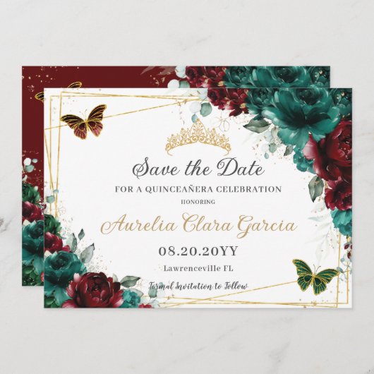 Smaragd Bourgondië Bloemen Quinceañera Zoet Zestie Save The Date (Voorkant / Achterkant)