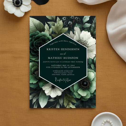 Smaragd Bruiloft met Weelderige Botanische Element Kaart