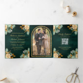 Smaragd Crème Bloem Goud QR Code Foto Bruiloft Drieluik Uitnodiging (Binnen)