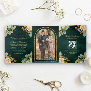 Smaragd Crème Bloem Goud QR Code Foto Bruiloft Drieluik Uitnodiging