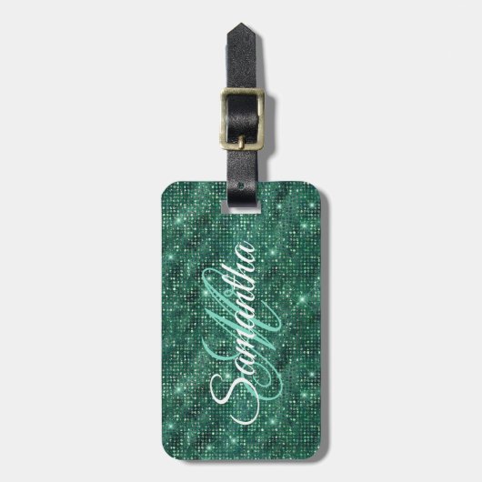 Smaragd Diamant Bezette Folie Fancy Monogram Bagagelabel (Voorkant verticaal)