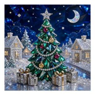 Smaragd Edelsteen Kerstboom Diamant Dorp Perfect Poster