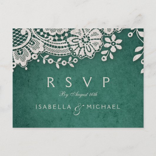 Smaragd elegante kant rustieke bruiloft RSVP Uitnodiging Briefkaart (Voorkant)