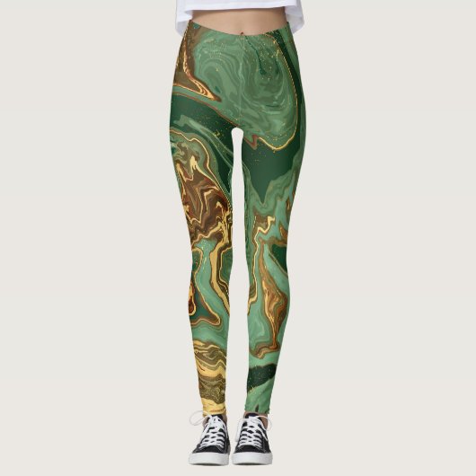 Smaragd Elegantie: Gouden Marmeren Luxe Leggings (Voorkant)