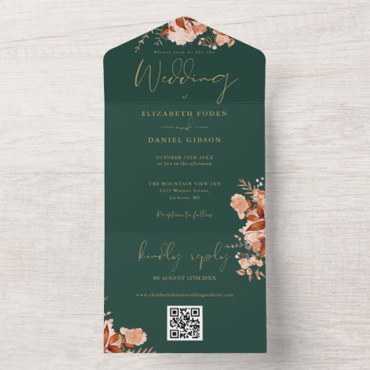 Smaragd en goud bloemen QR code herfst bruiloft All In One Uitnodiging (Binnen)