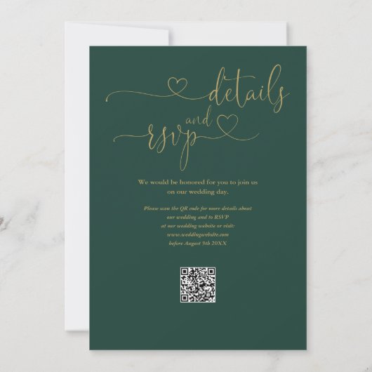 Smaragd en goud hart script QR code bruiloft Kaart (Achterkant)