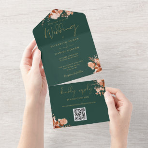 Smaragd en gouden bloemencode QR trouwfeest herfst All In One Uitnodiging