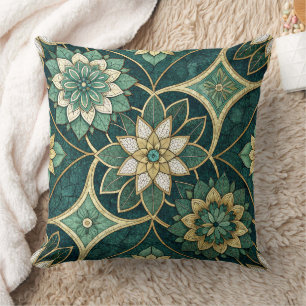 Smaragd- en gouden bloemrijke mandala - ornamentaa kussen