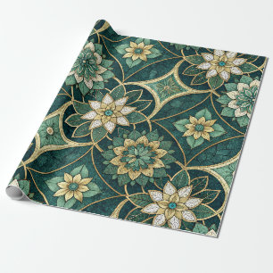Smaragd en Gouden Bloemrijke Mandala - Siermotief Cadeaupapier