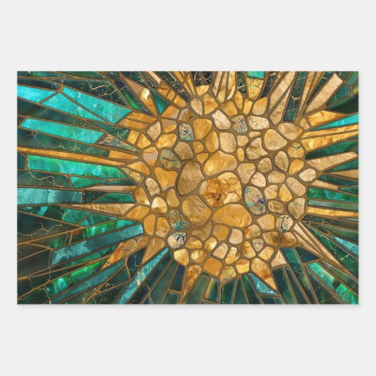 Smaragd en gouden cellen mozaïek abstract inpakpapier vel (Voorkant 3)