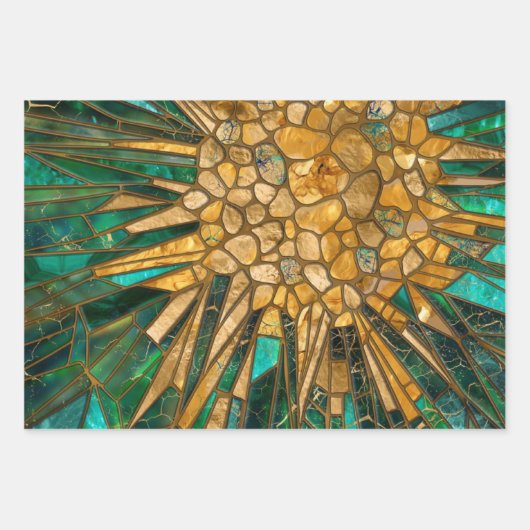 Smaragd en gouden cellen mozaïek abstract inpakpapier vel (Voorkant 2)