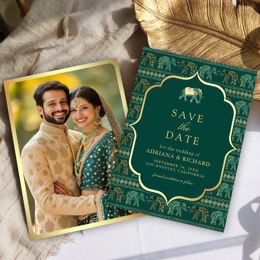 Smaragd en gouden olifant Indiase bruiloft foto Save The Date