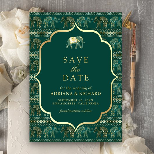 Smaragd en gouden olifant Indiase bruiloft foto Save The Date